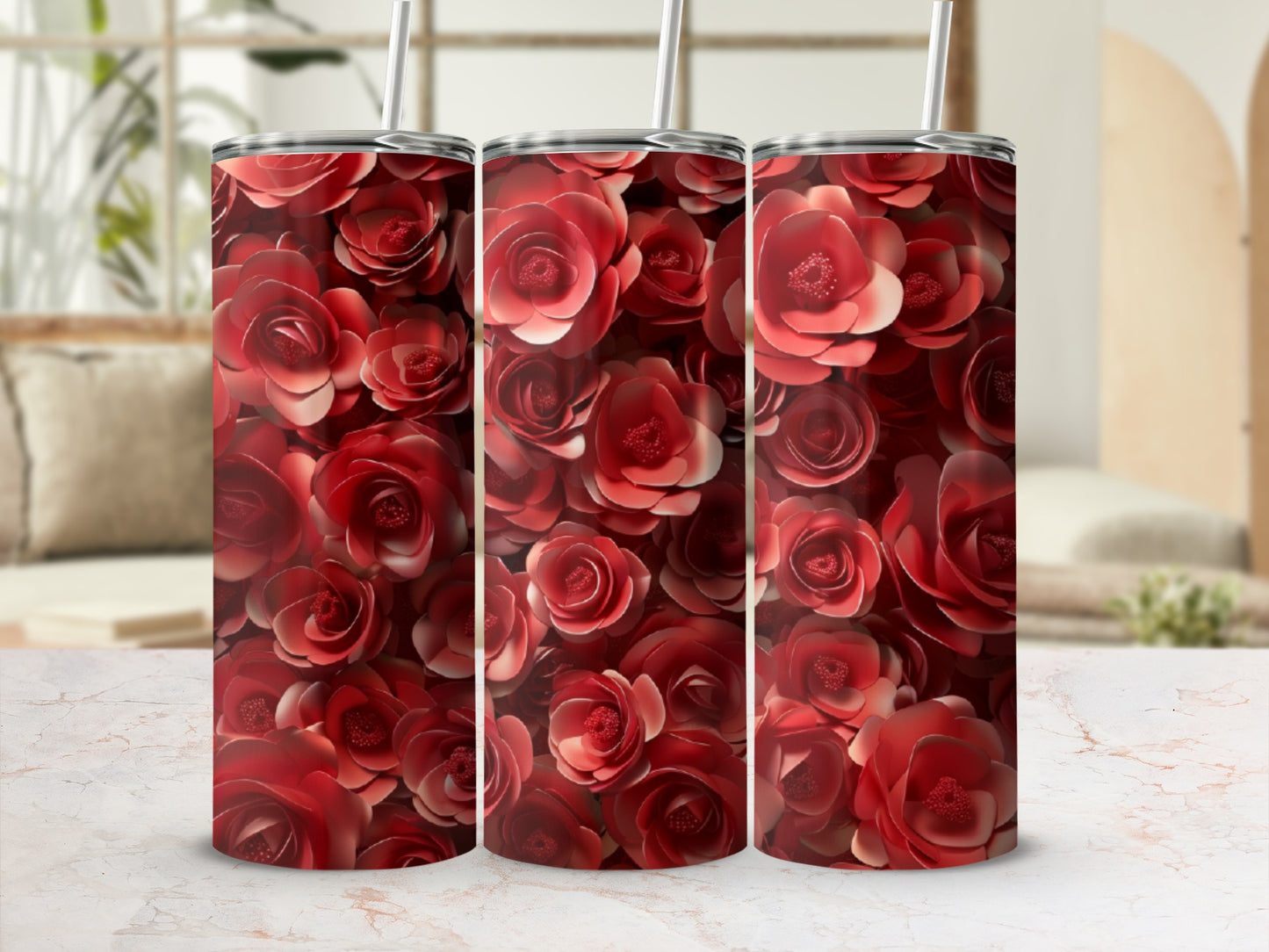 Three tumblers with a seamless pattern of detailed red roses.