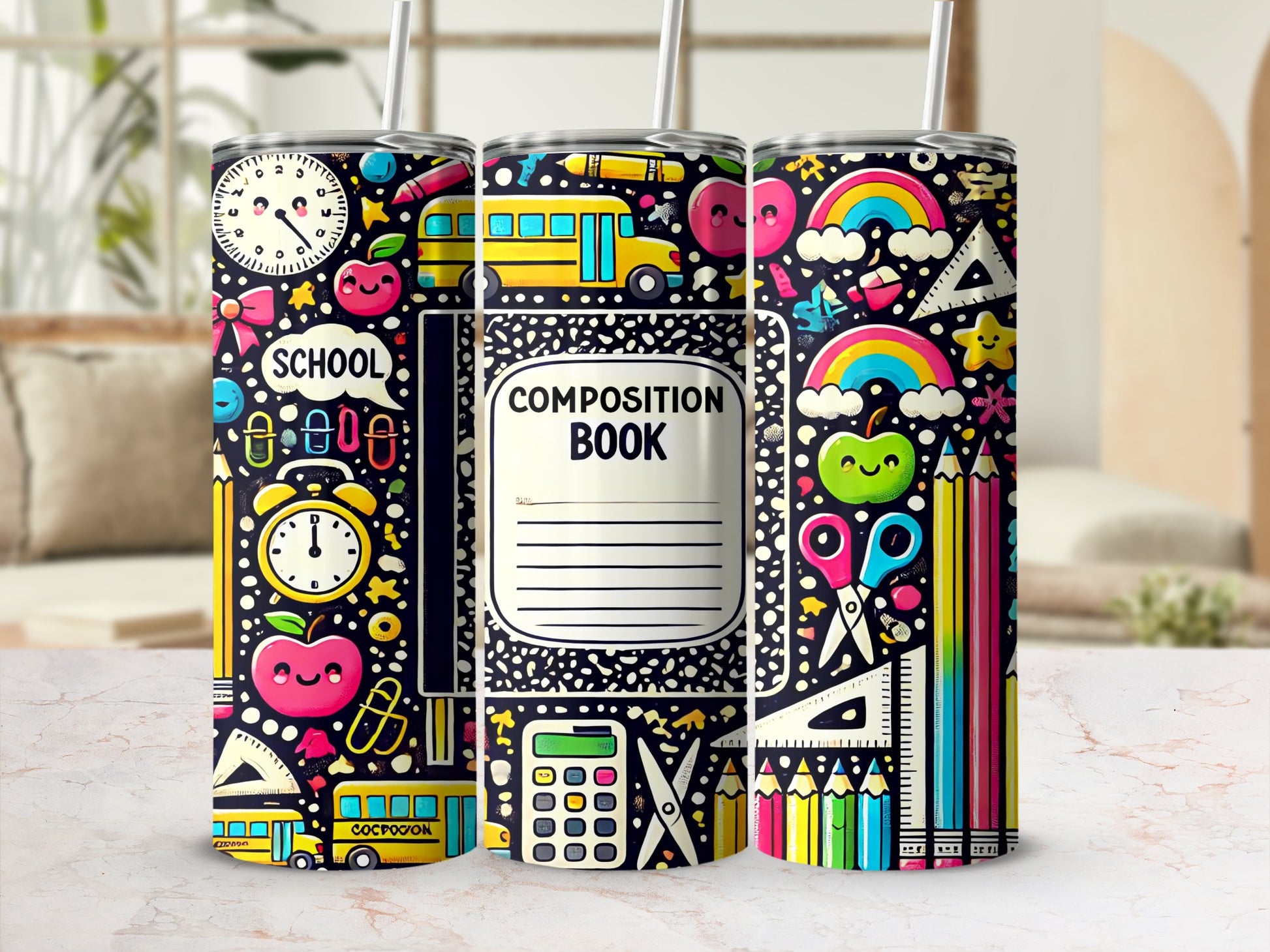 Three tumblers with a school-themed design featuring buses and school supplies.