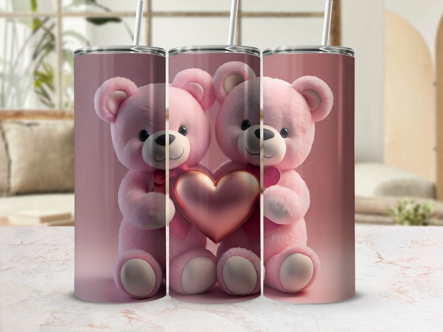 Adorable Teddy Bear Holding Heart Tumbler Cup