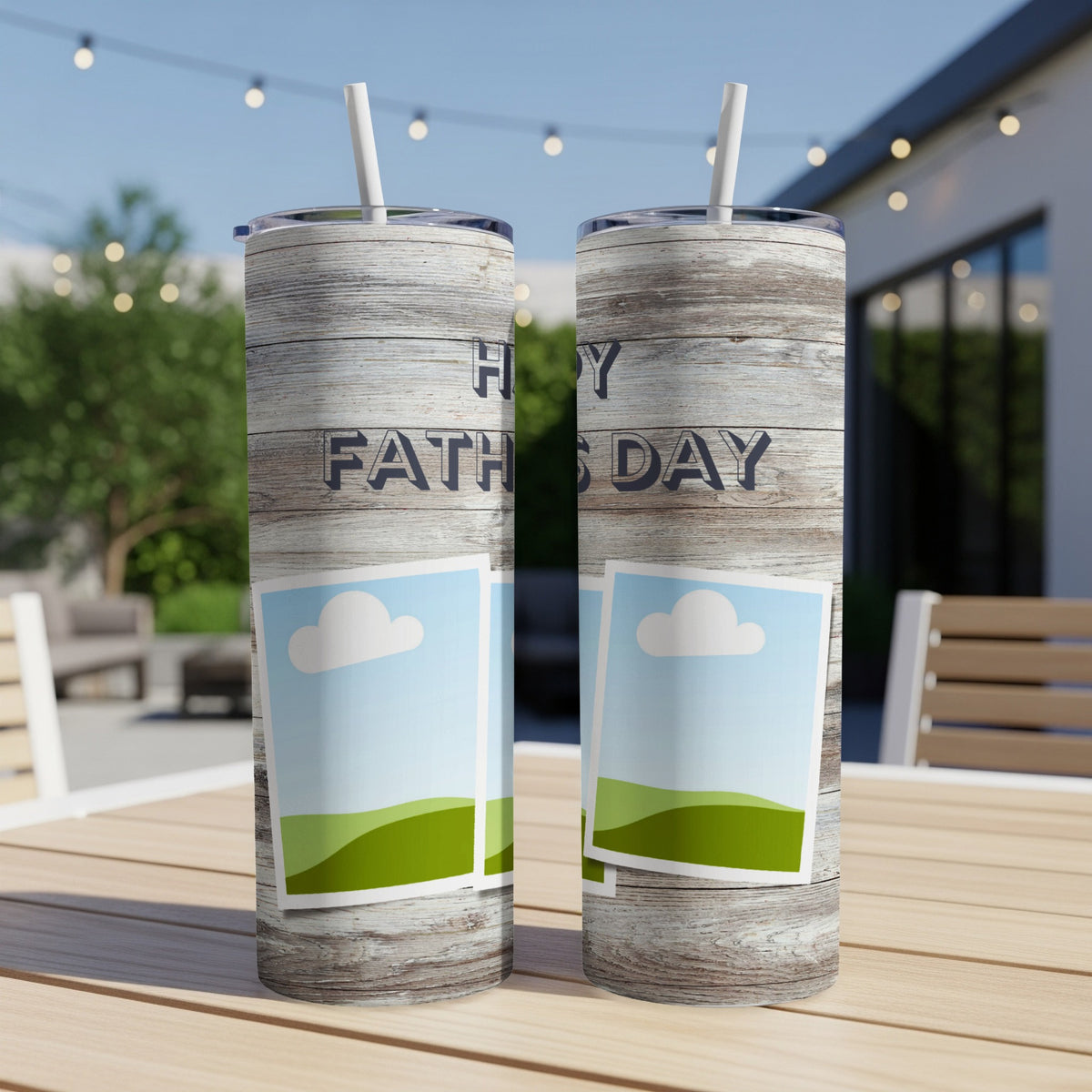 Two tumblers with wood grain design, "Happy Father's Day" text, and photo placeholders.