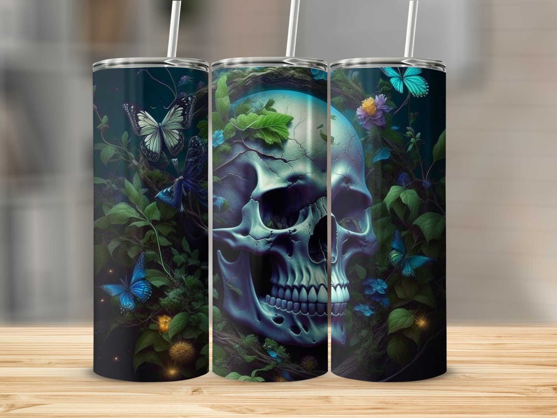 Glow-in-the-dark tumbler with skull and butterfly design.