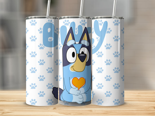 Bluey character holding an orange heart, with paw prints.