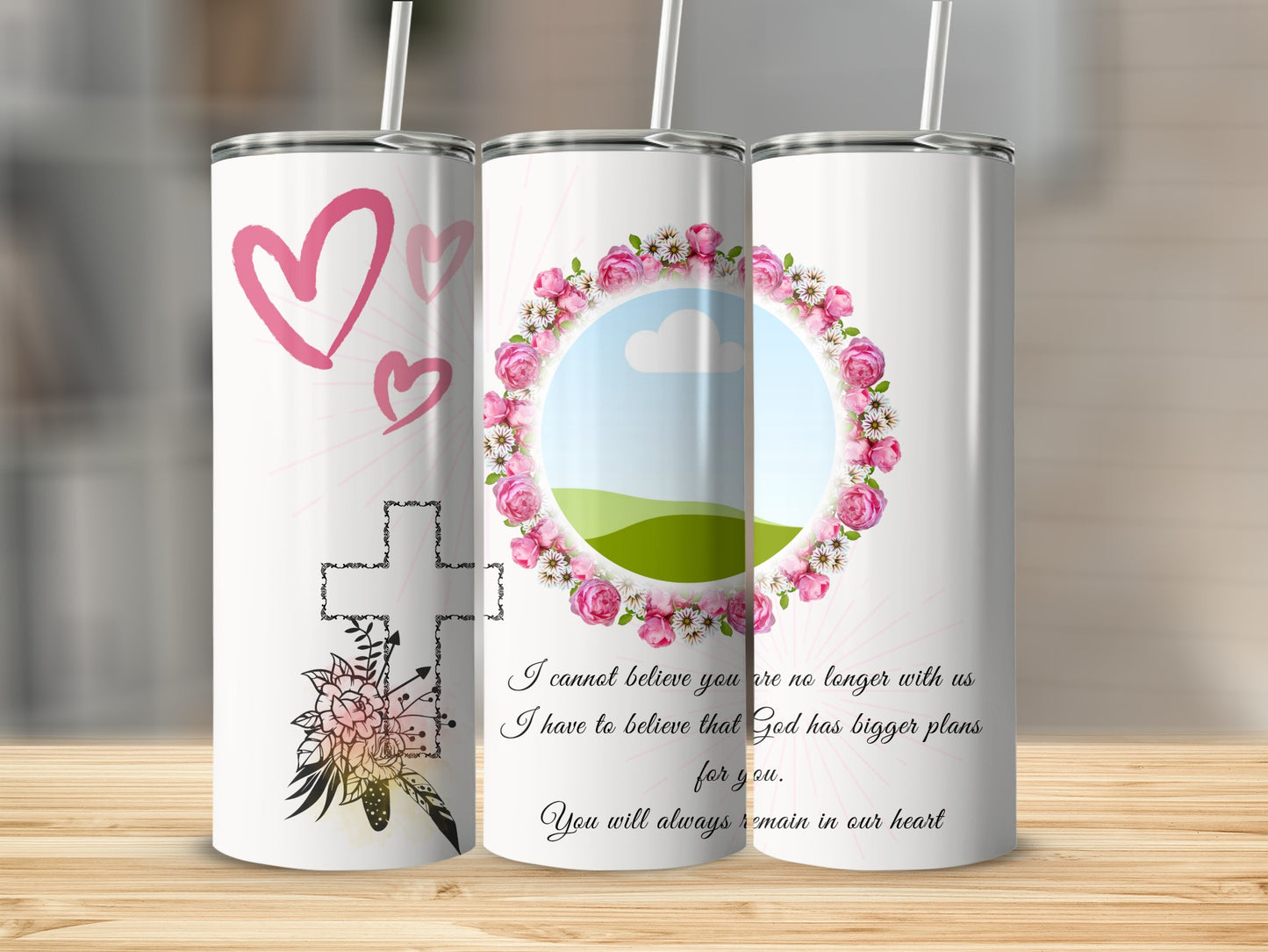 Tumblers with hearts, floral wreath, cross, and text about God's bigger plans.
