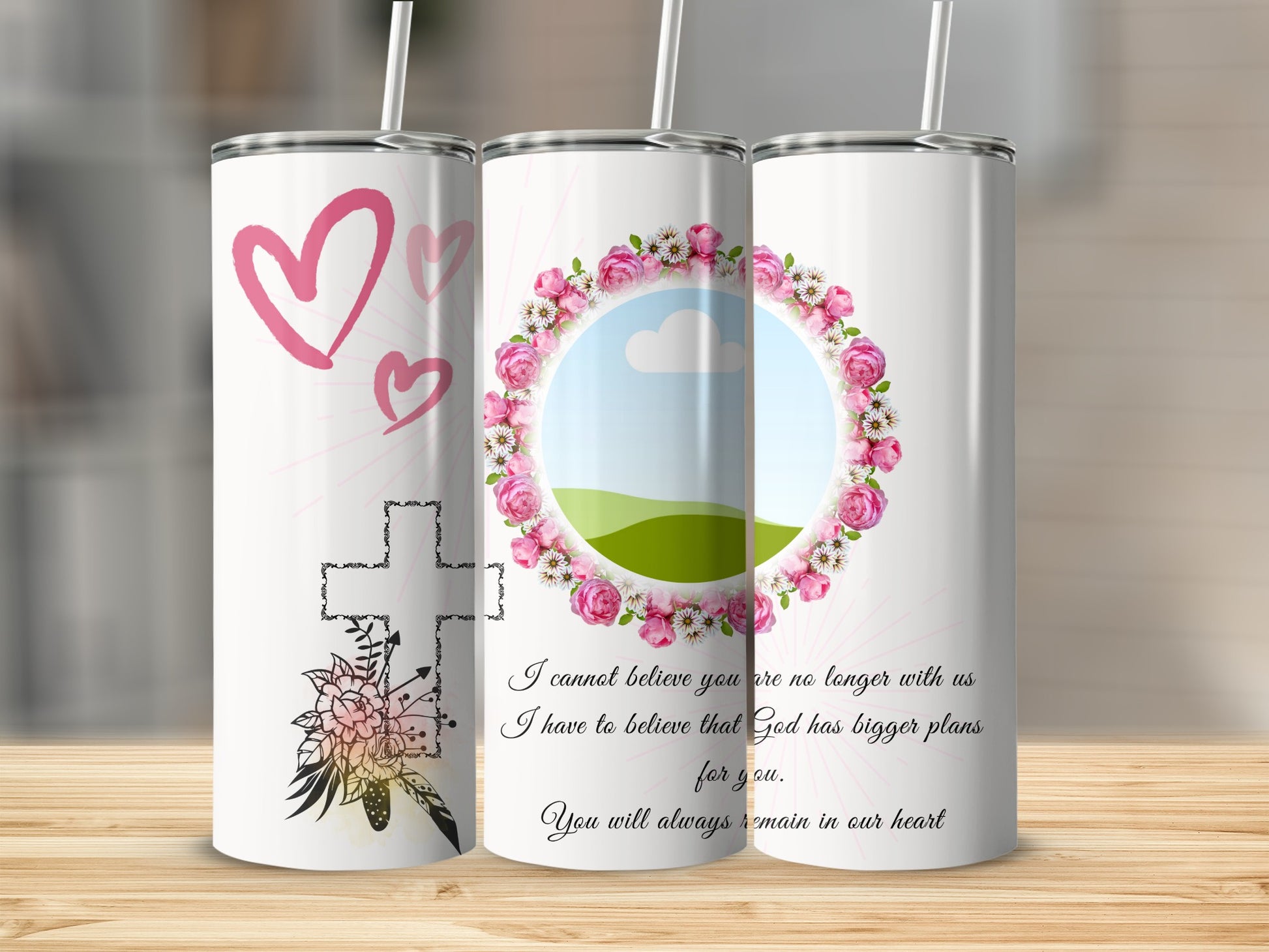 Tumblers with hearts, floral wreath, cross, and text about God's bigger plans.