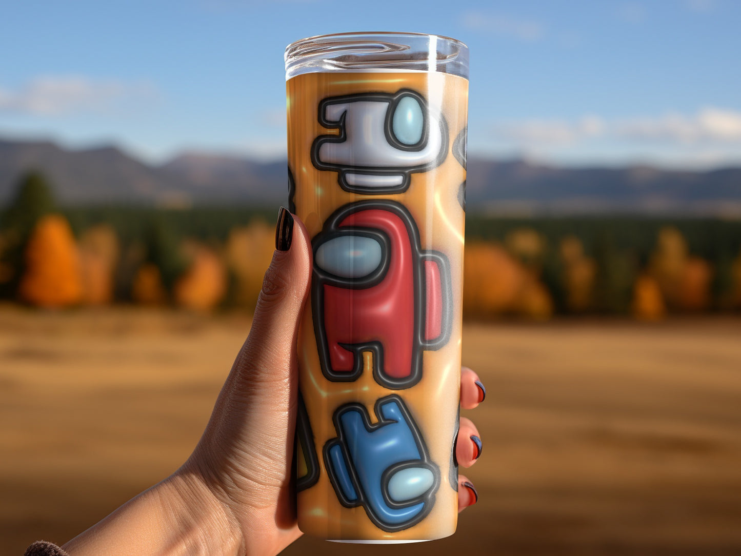 Crewmates From Popular Game on Orange Background Tumblers