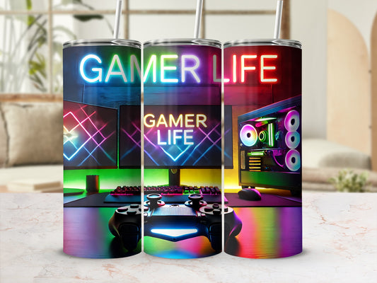 Three tumblers with "GAMER LIFE" text, featuring a gaming setup on each.