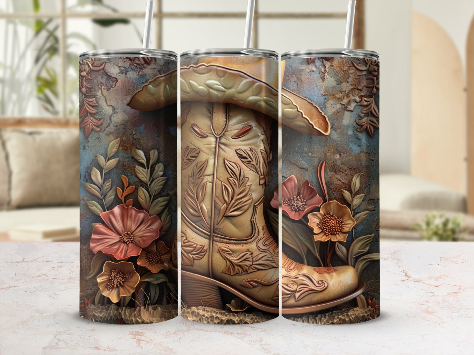 Cowboy boot with floral accents and textured background on a tumbler.