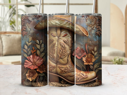 Cowboy boot with floral accents and textured background on a tumbler.