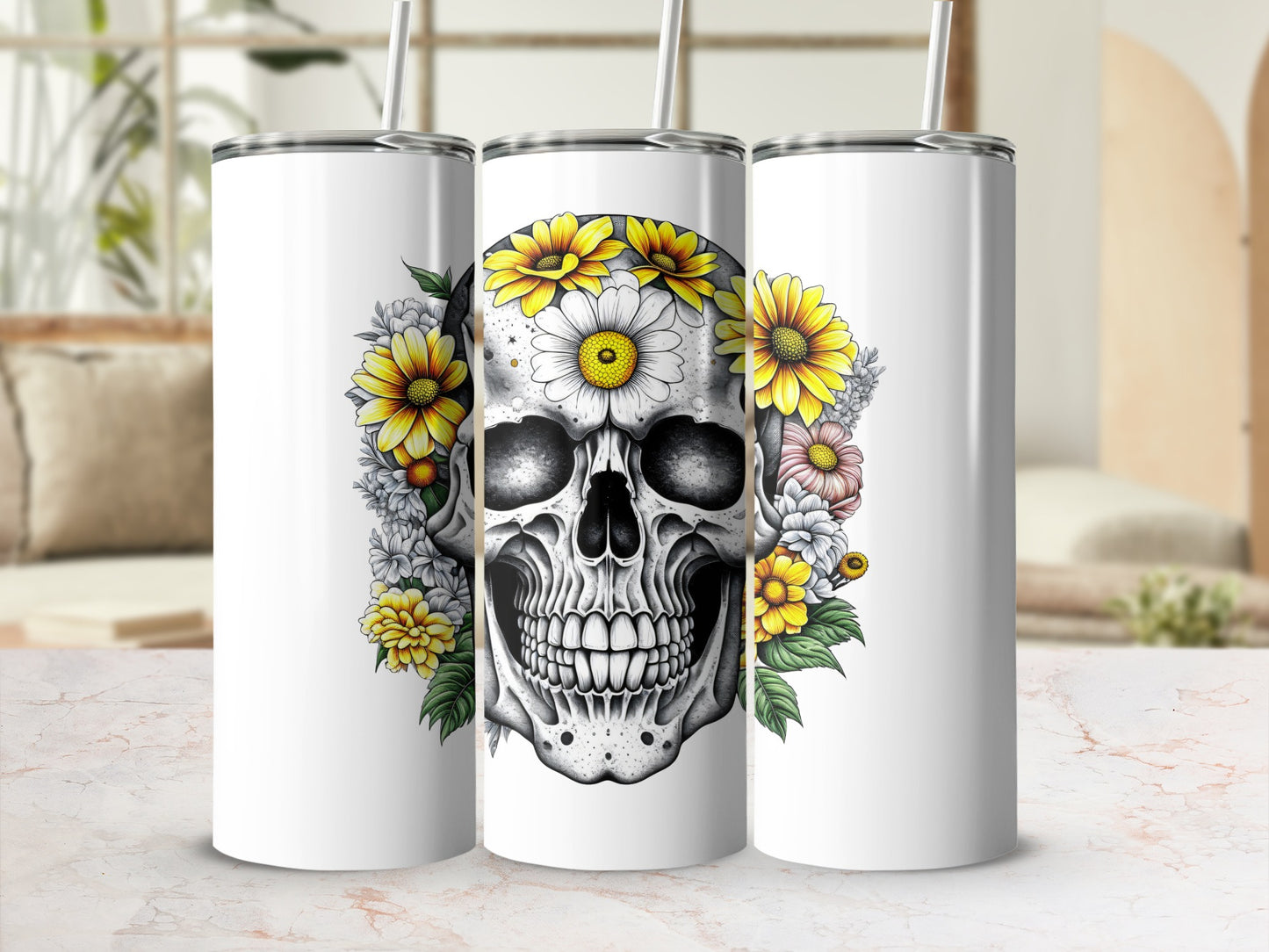 White tumbler with a skull adorned with yellow and white flowers.