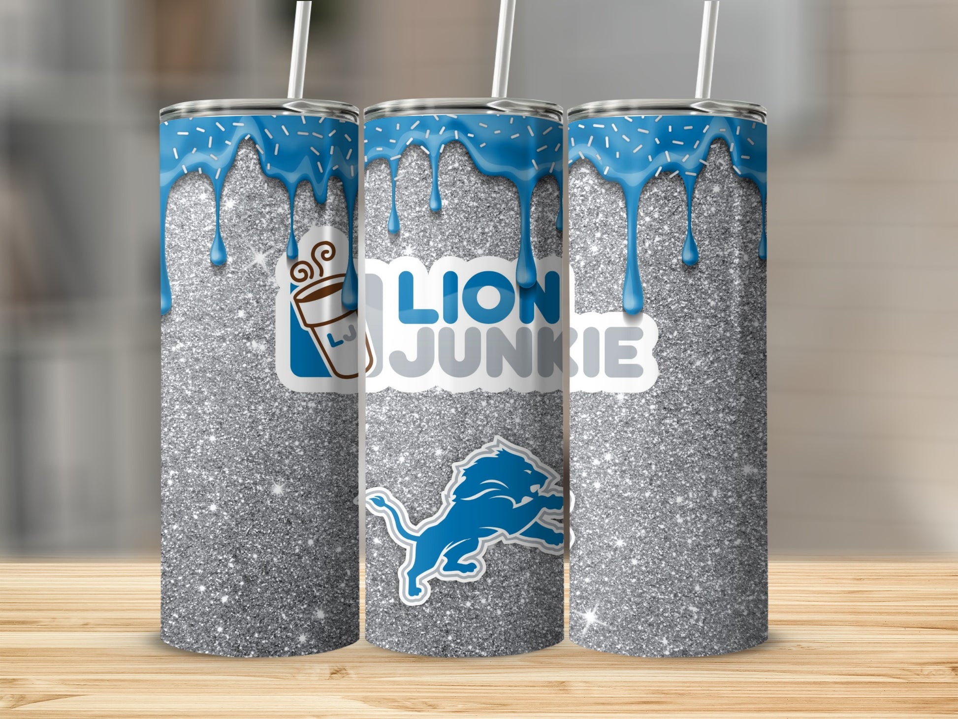Lion Junkie Silver Blue Glitter Tumbler Cup Design