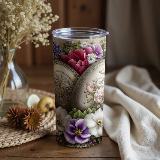 Floral Insulated Tumbler with Lid Detailed Flower Design
