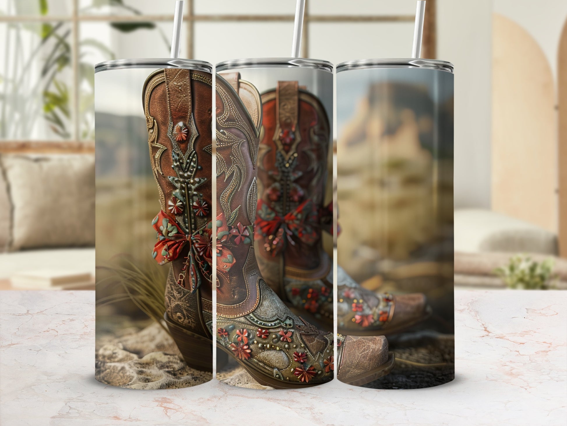 Detailed cowboy boots with ornate embroidery and red bows, on a textured surface.