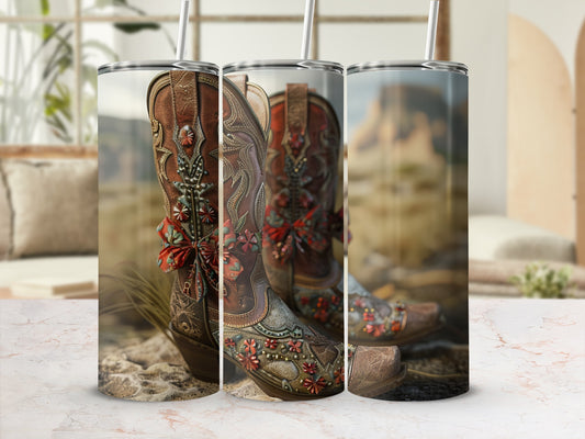 Detailed cowboy boots with ornate embroidery and red bows, on a textured surface.