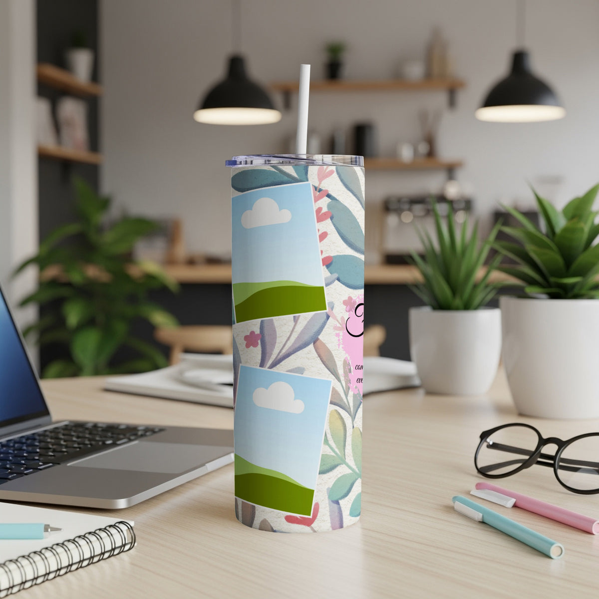 Tumbler with floral pattern and photo placeholders, featuring a pink cat graphic.