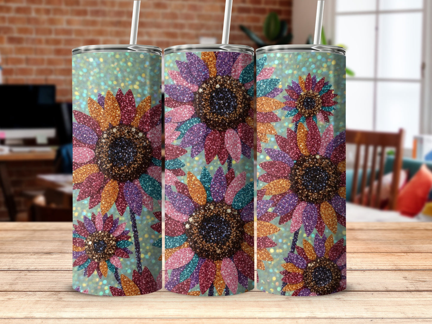 Colorful Sunflower Glitter Design Beverage Tumbler