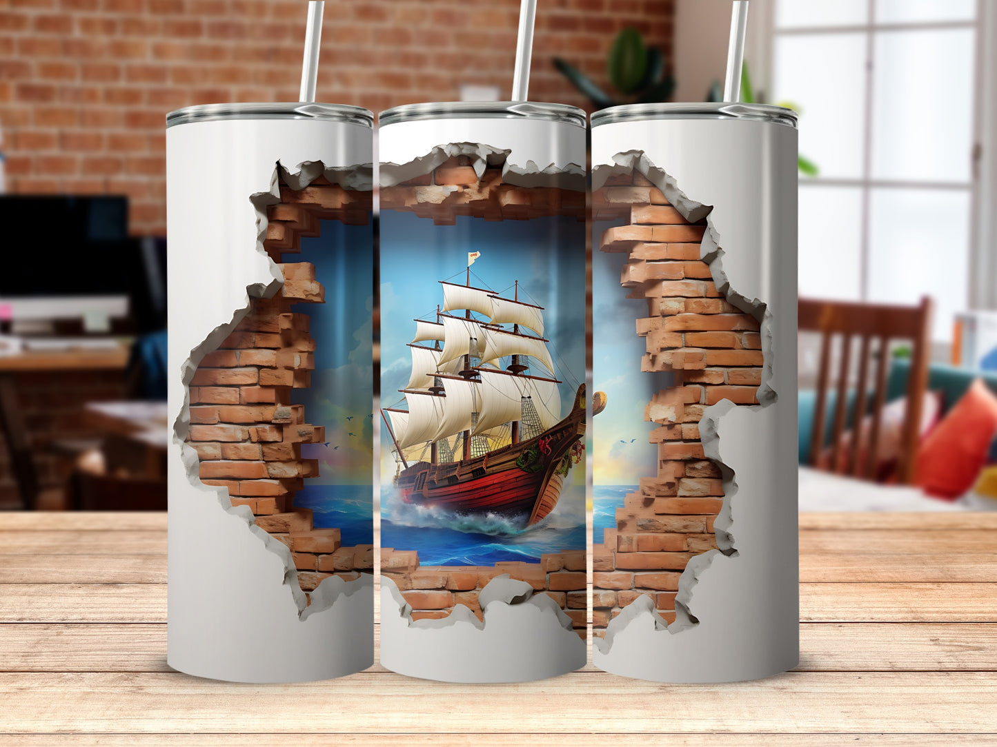 Sailing Ship Breaking Through Brick Wall Tumbler