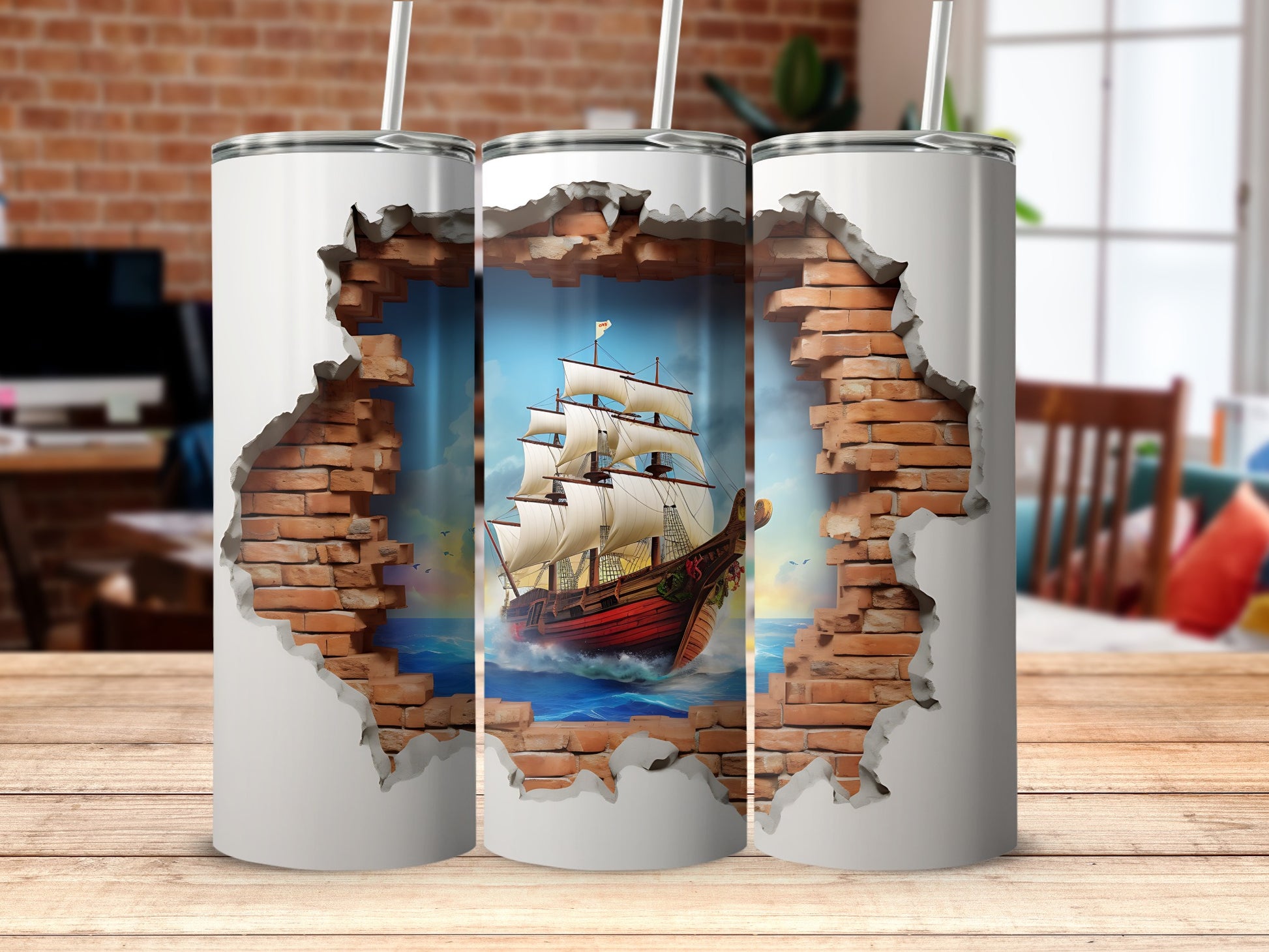 Sailing Ship Breaking Through Brick Wall Tumbler