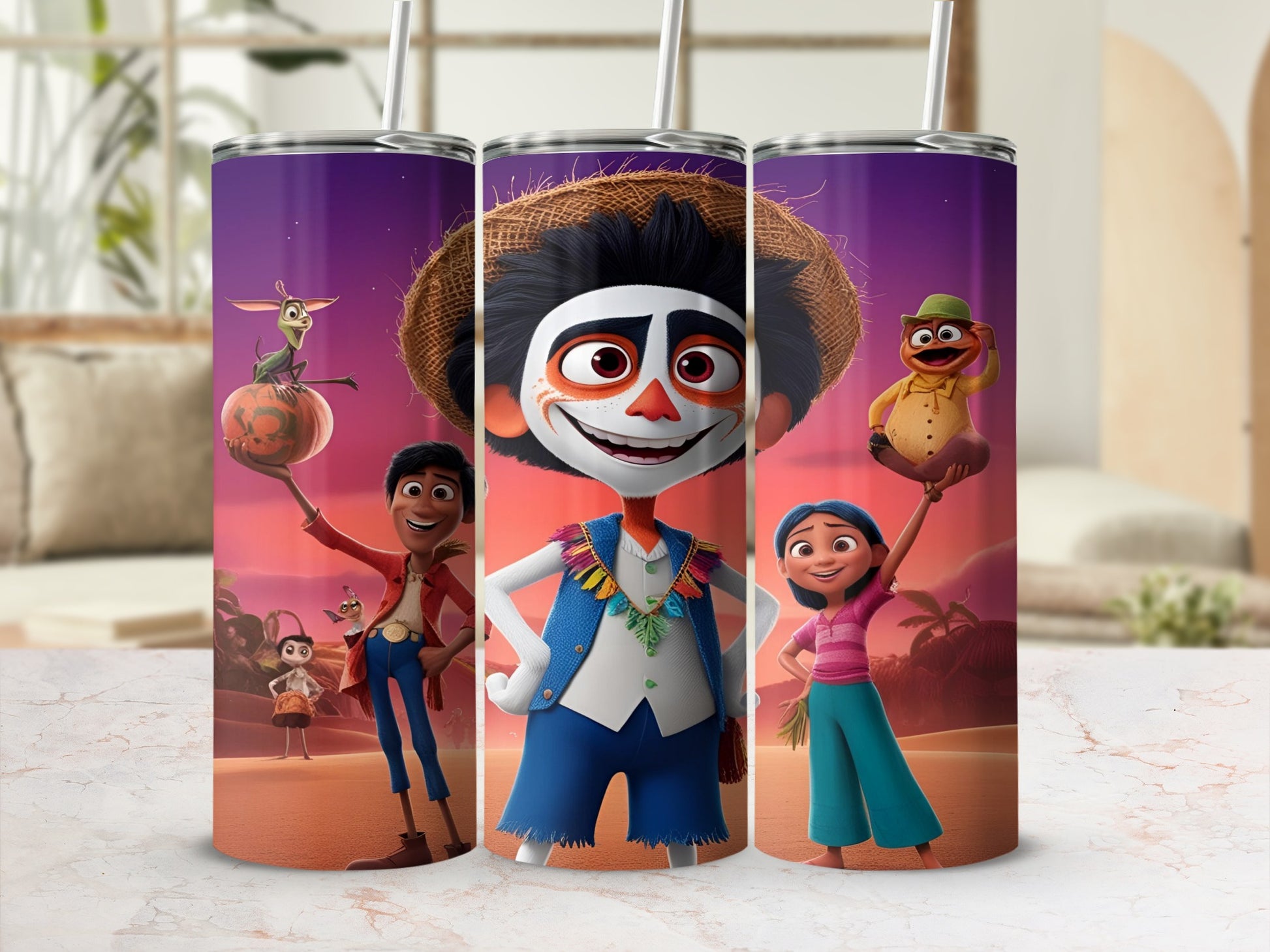 Animated characters in colorful outfits with straw hats and pumpkins against a desert background.