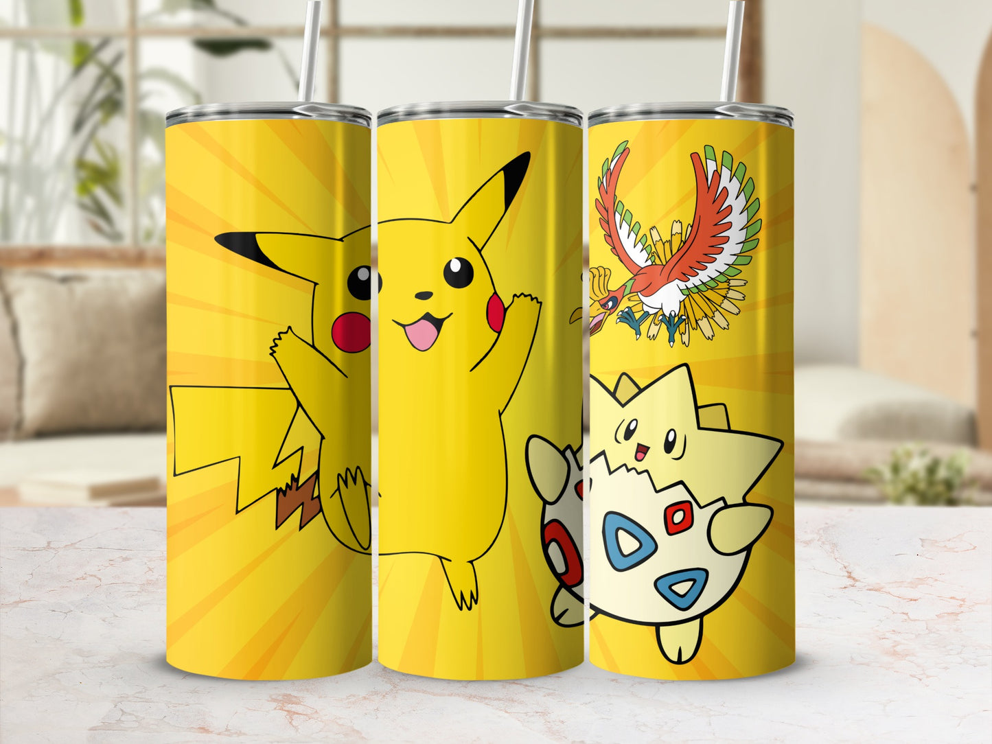 Pikachu Togepi and Ho-oh Illustration Tumbler