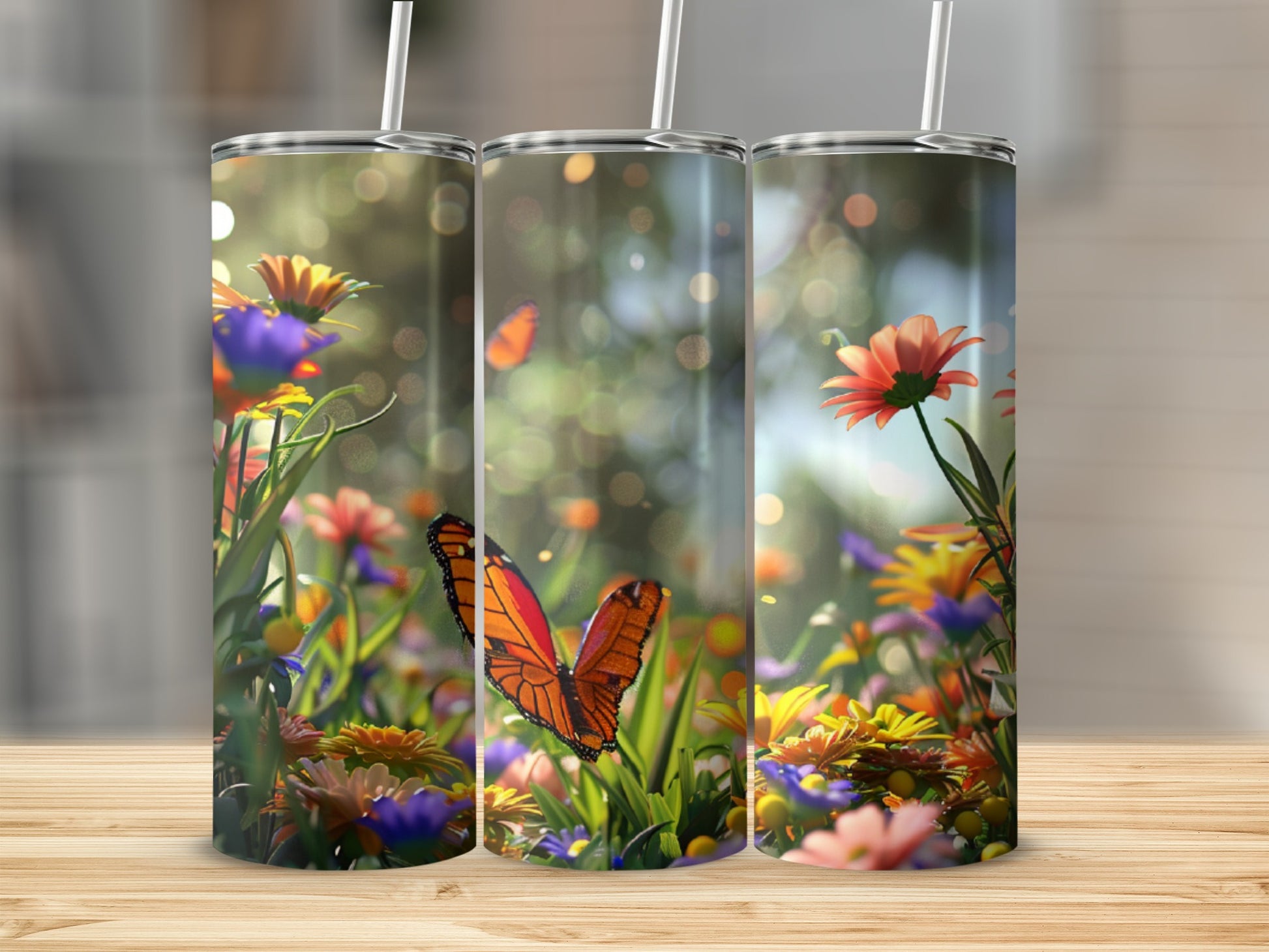 Three tumblers with an orange butterfly and colorful flowers design.