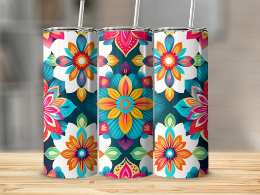 Three tumblers with colorful floral patterns in blues, oranges, and pinks.