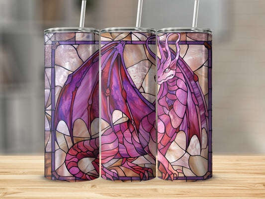 Stained glass dragon tumbler with pink and purple wings.