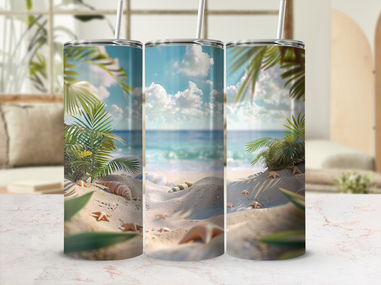 Beach scene with seashells, starfish, and palm fronds on a tumbler.