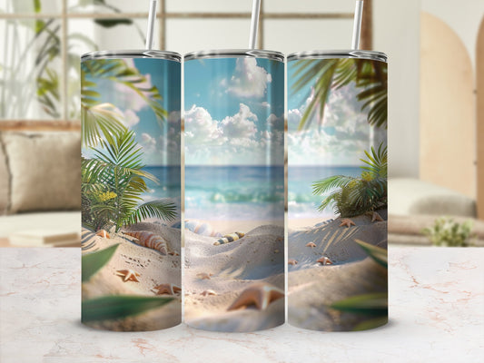 Beach scene with seashells, starfish, and palm fronds on a tumbler.