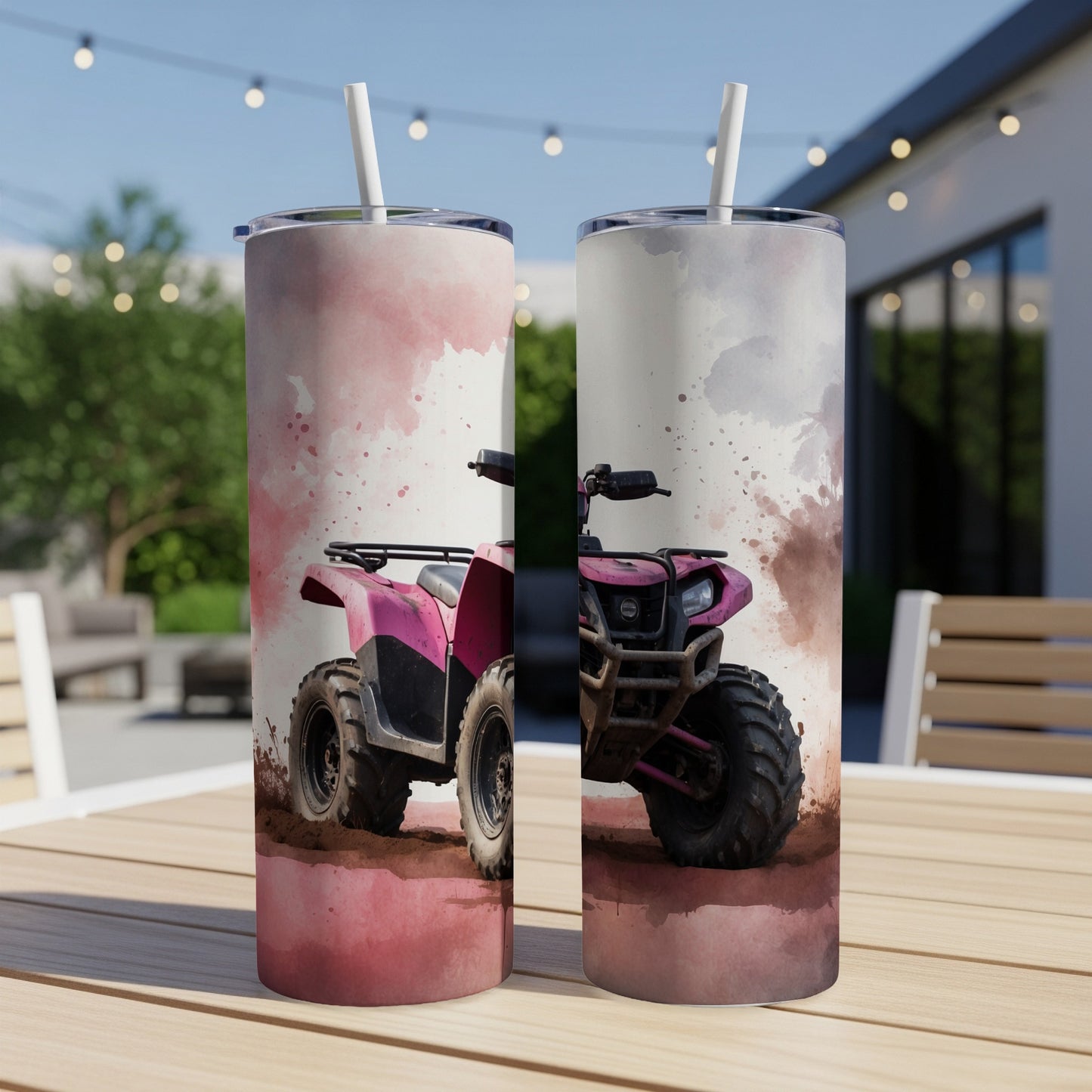 Pink ATV with watercolor splashes on a rustic table outdoors.