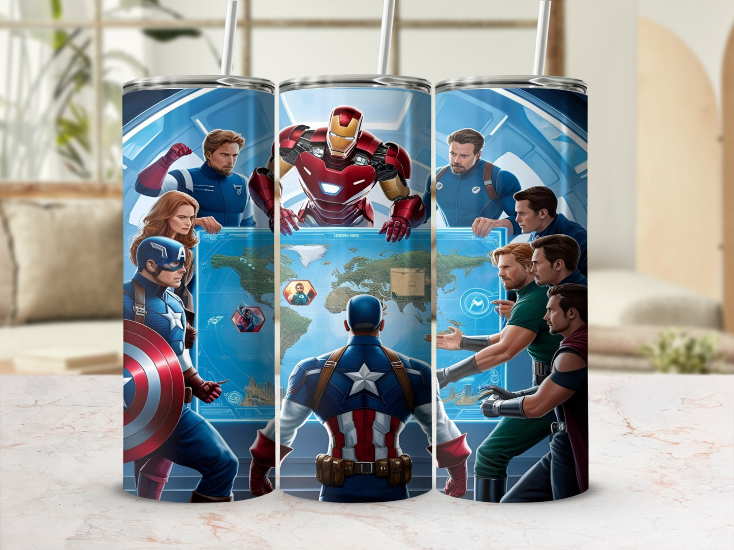 Avengers gathered around a world map on a cylindrical tumbler.