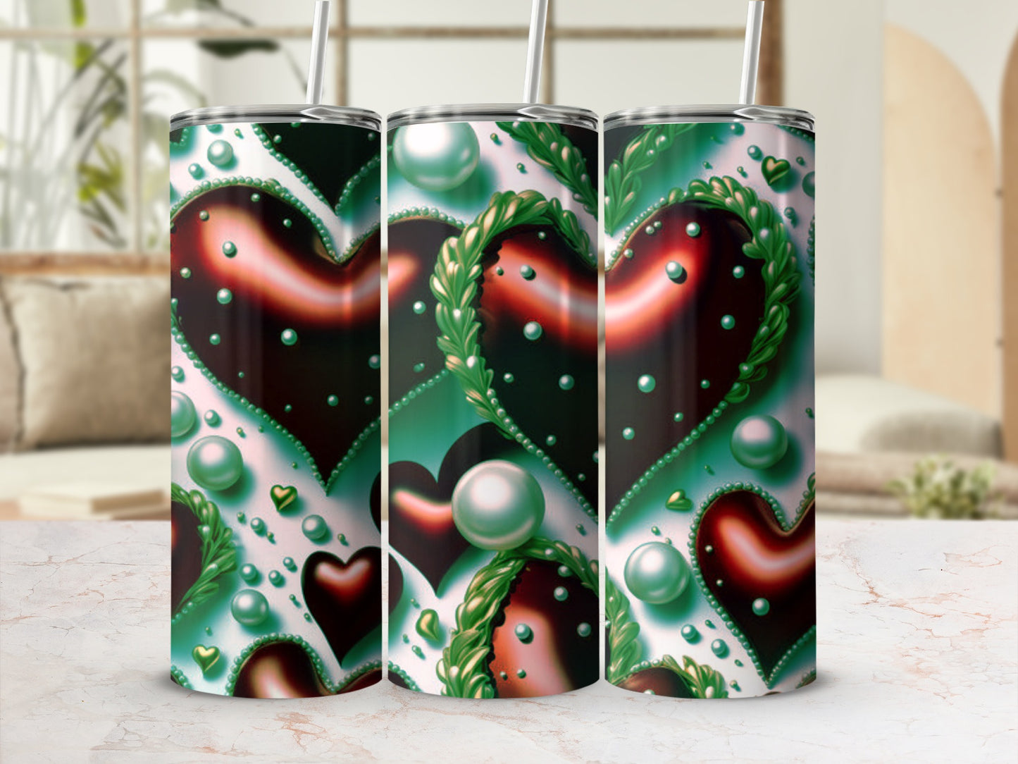 Green heart pattern tumbler with pearls and hearts.