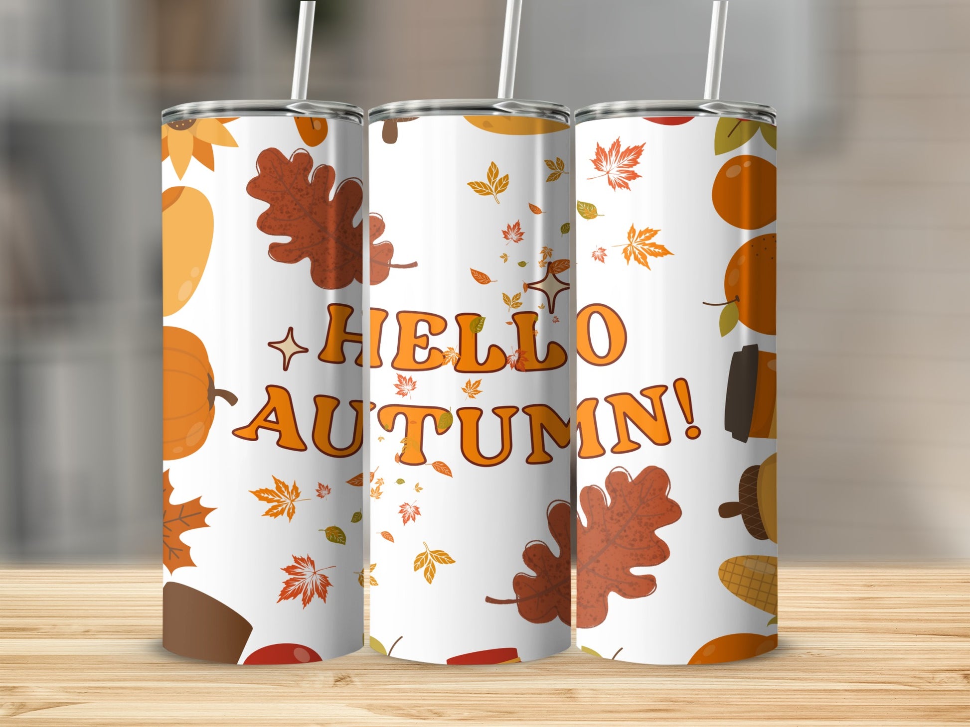Hello Autumn Tumbler with Colorful Fall Leaves Design