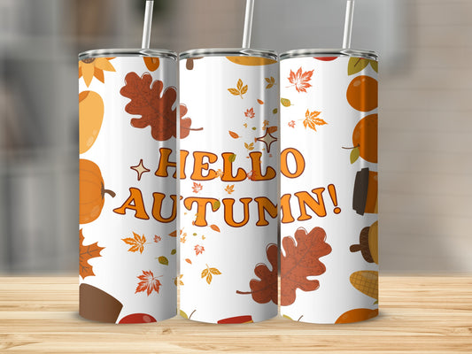 Hello Autumn Tumbler with Colorful Fall Leaves Design