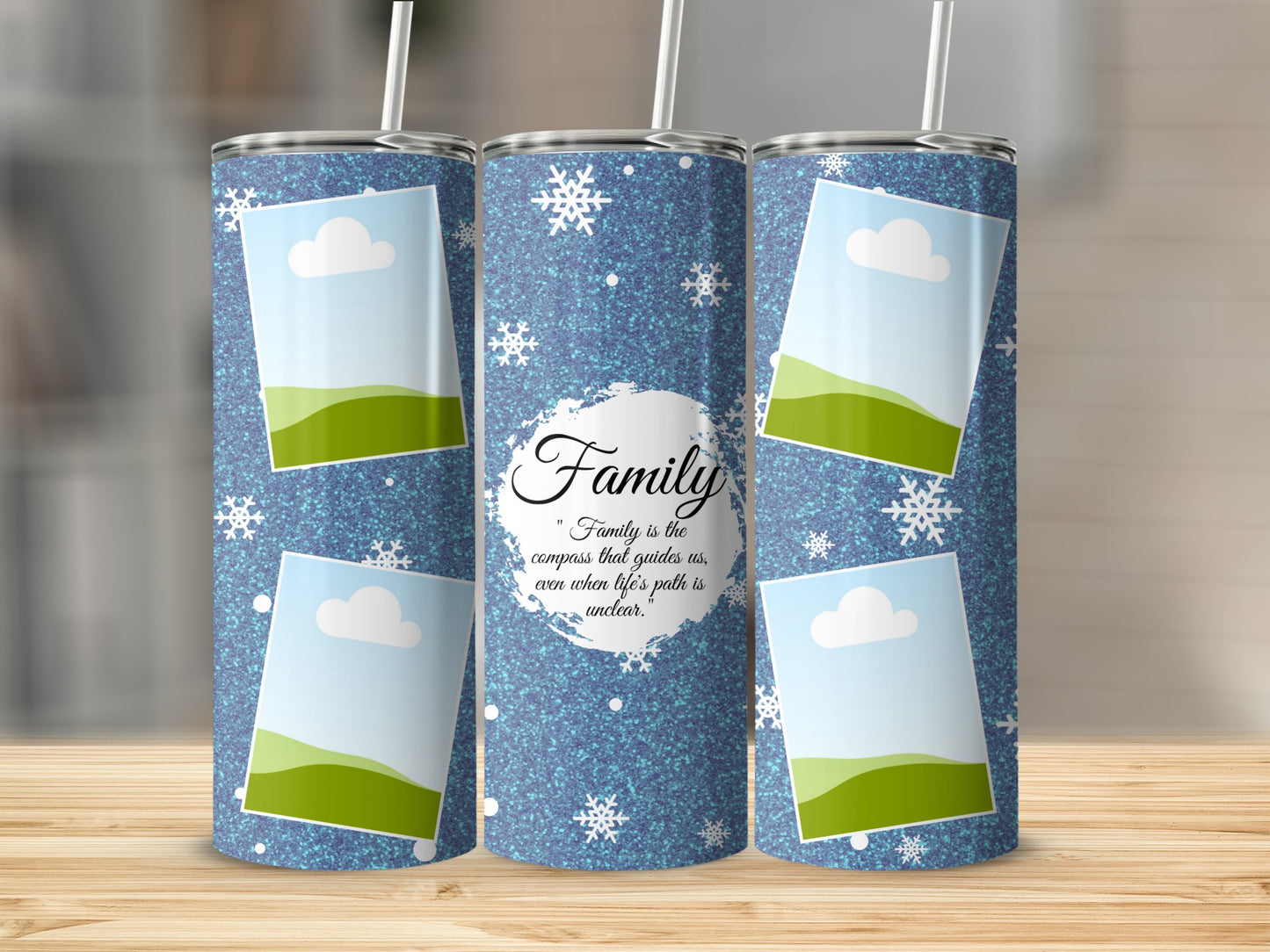 Glittery blue tumbler with snowflakes, photo placeholders, and "Family" quote.