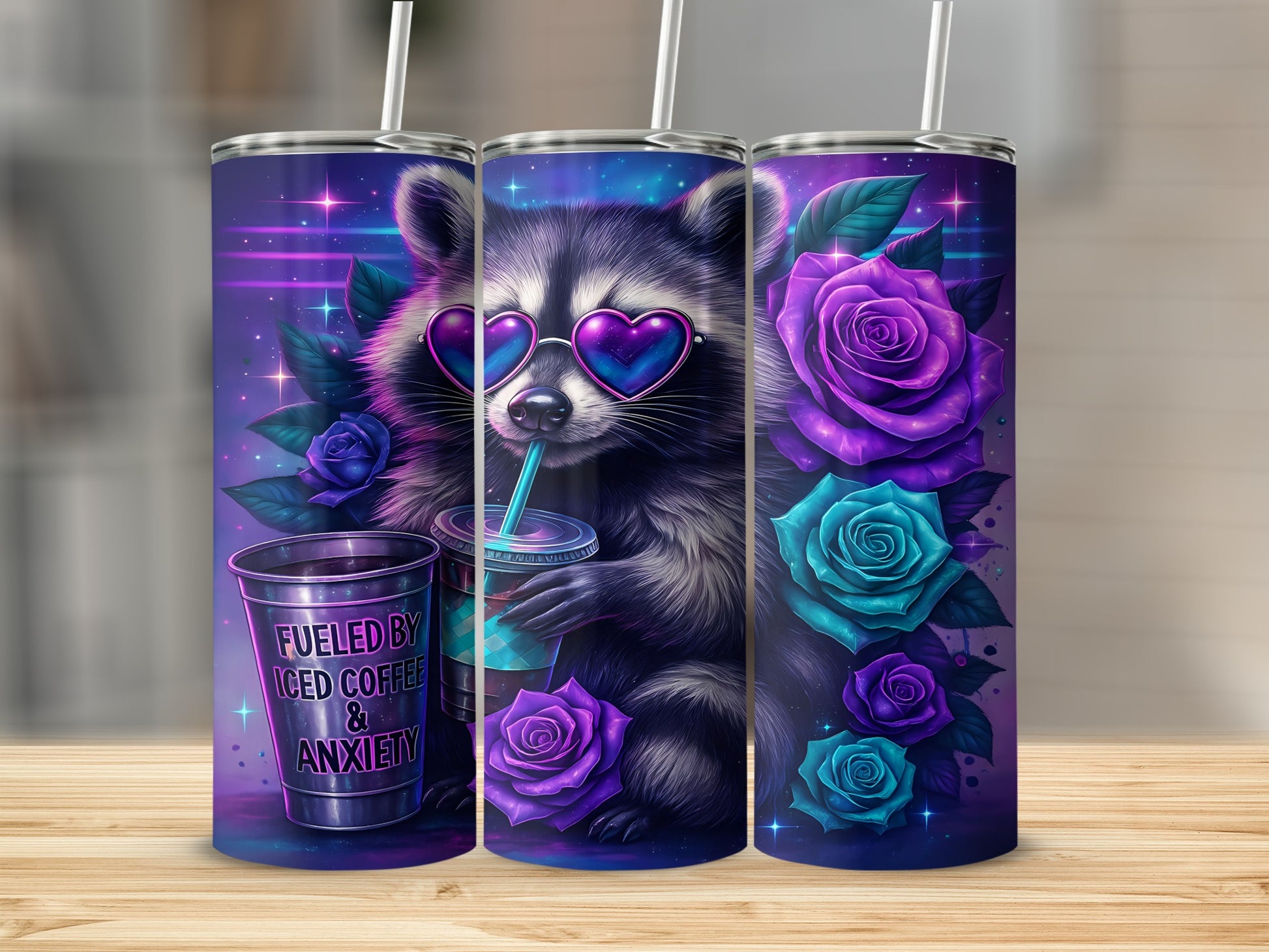 Raccoon wearing heart sunglasses drinking iced coffee, surrounded by roses.