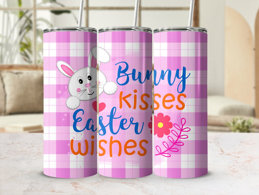 Pink plaid tumbler with bunny, "Bunny kisses, Easter wishes" text.