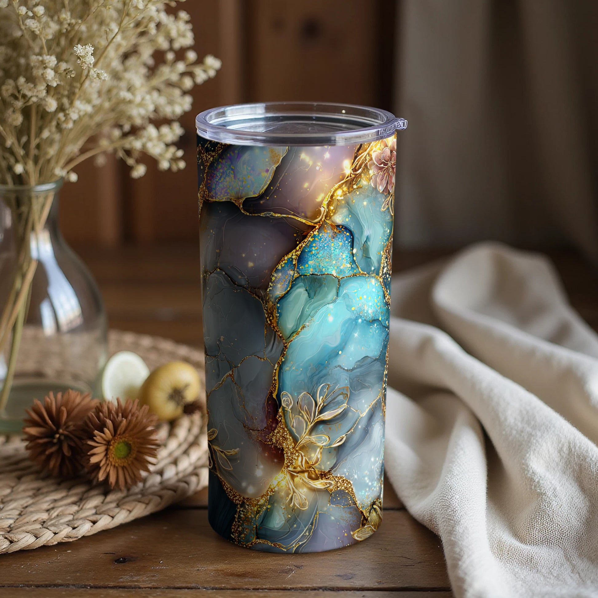 Artistic Blue and Gold Abstract Travel Tumbler