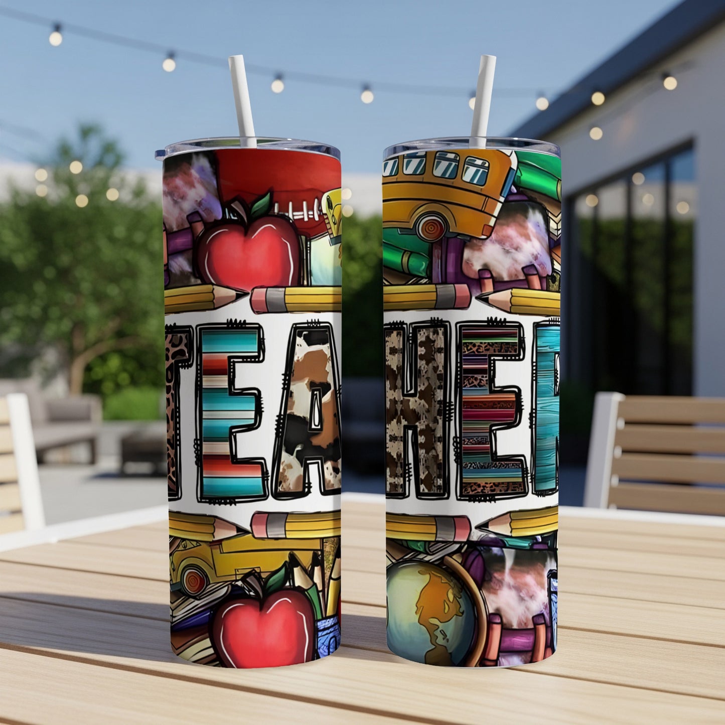 Two tumblers with "Teacher" in a collage of school-themed illustrations.