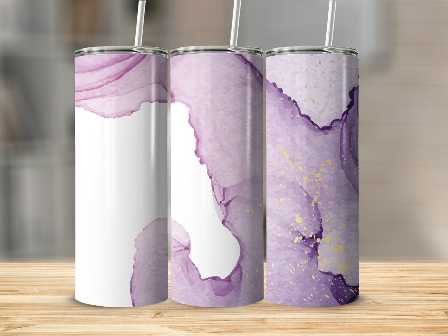 Three tumblers with purple watercolor and gold foil abstract design.