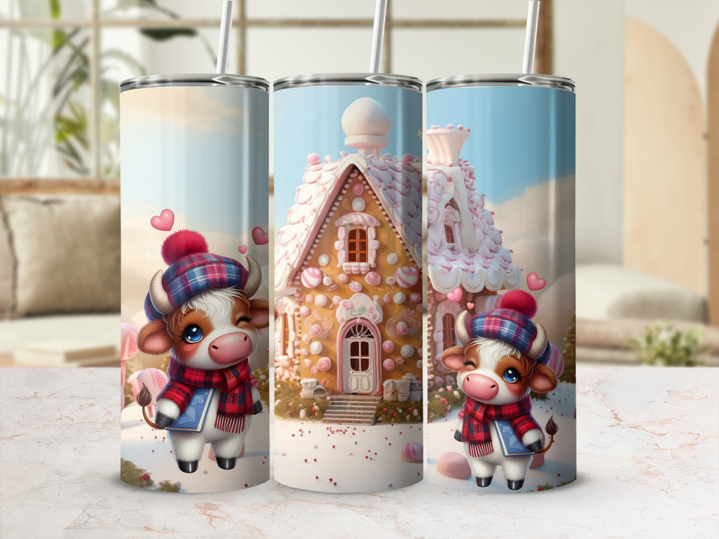 Cute Cow With Gingerbread House Design Tumbler