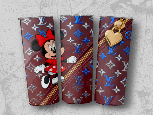 Minnie Mouse on repeating LV monogram pattern with gold zipper detail.