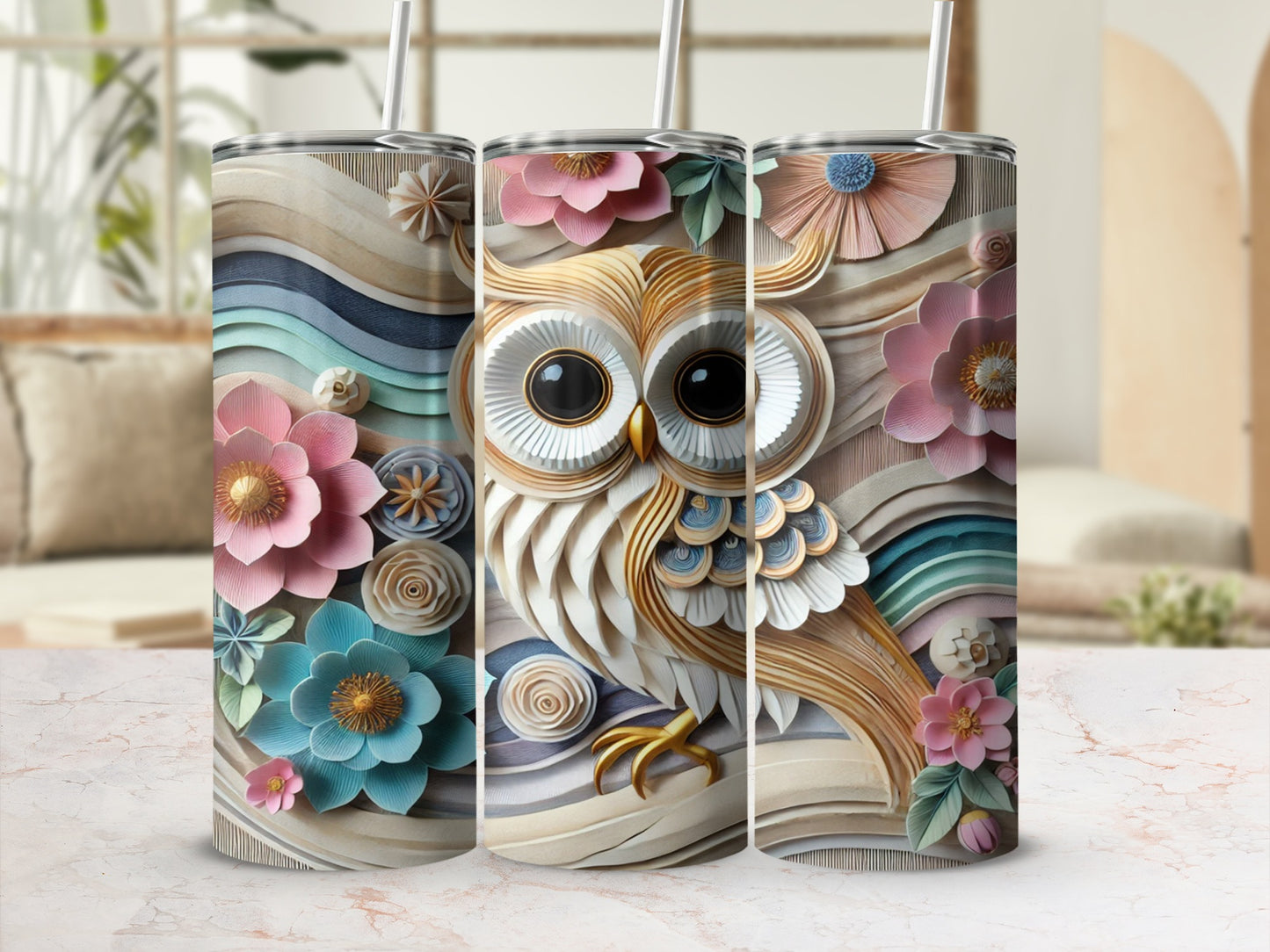 Vibrant Floral Owl Design Insulated Travel Tumbler