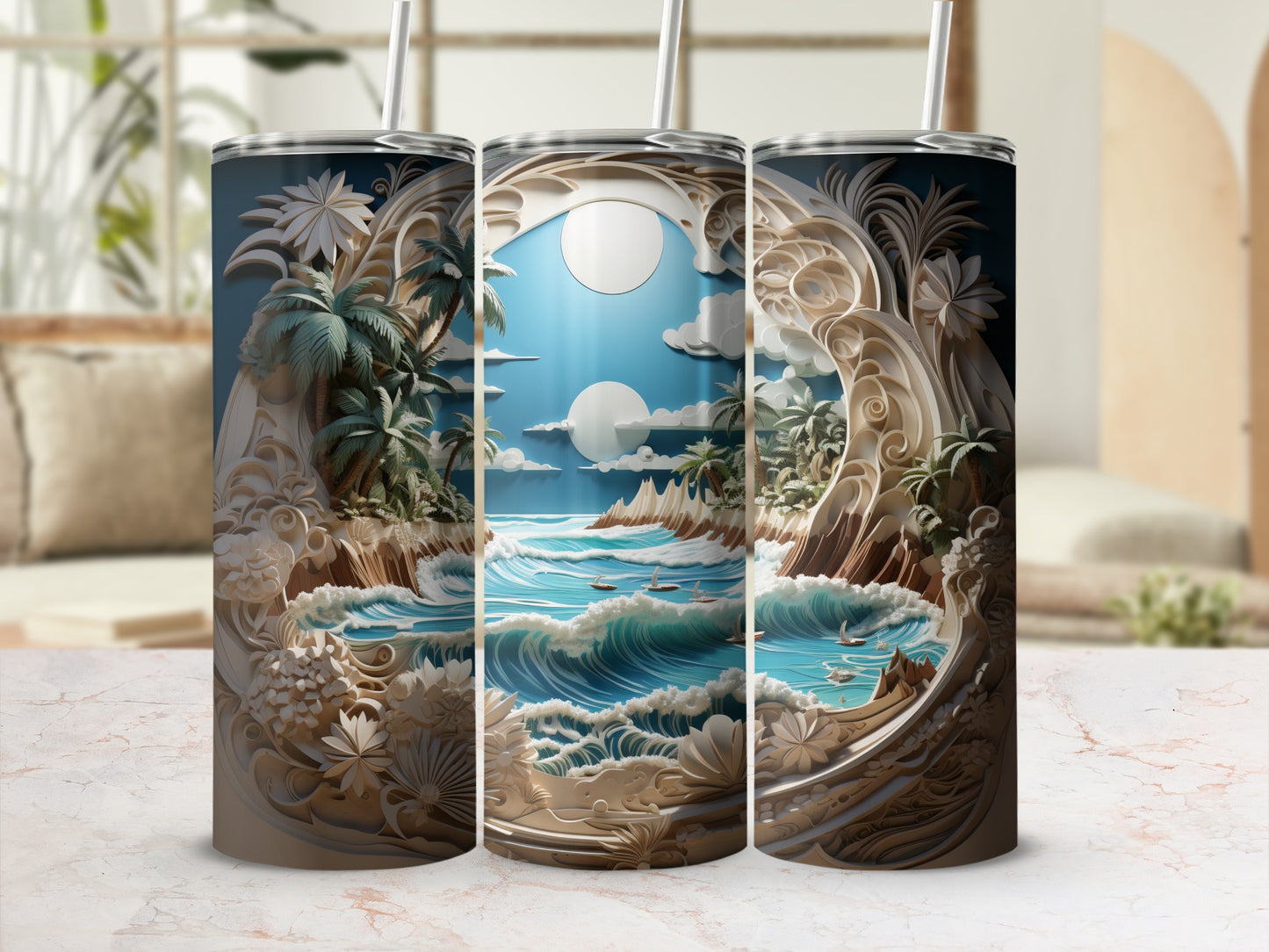 Three tumblers with a tropical beach scene and ocean waves.