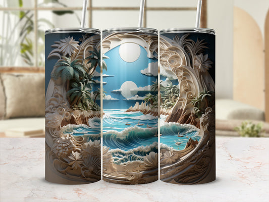 Three tumblers with a tropical beach scene and ocean waves.