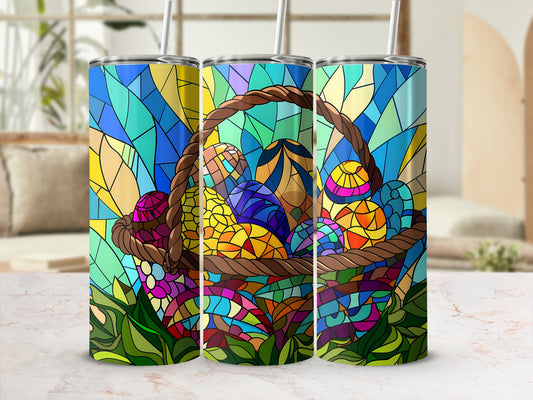 Stained glass Easter basket overflowing with colorful decorated eggs on grassy background.