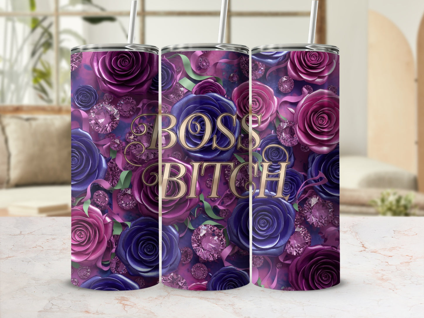 Boss Bitch Floral and Gemstone Design Tumbler