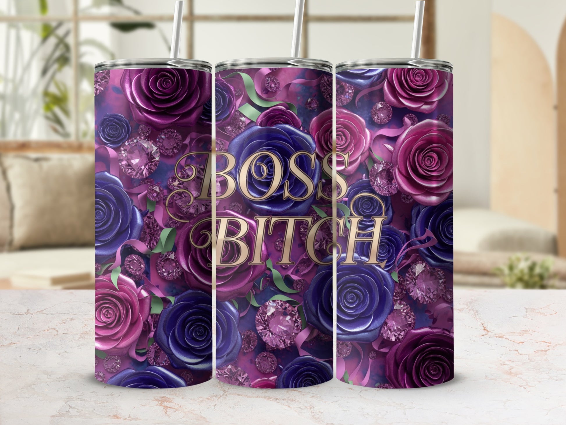 Boss Bitch Floral and Gemstone Design Tumbler