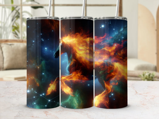 Cosmic horse with fiery mane against starry nebula on three tumblers.