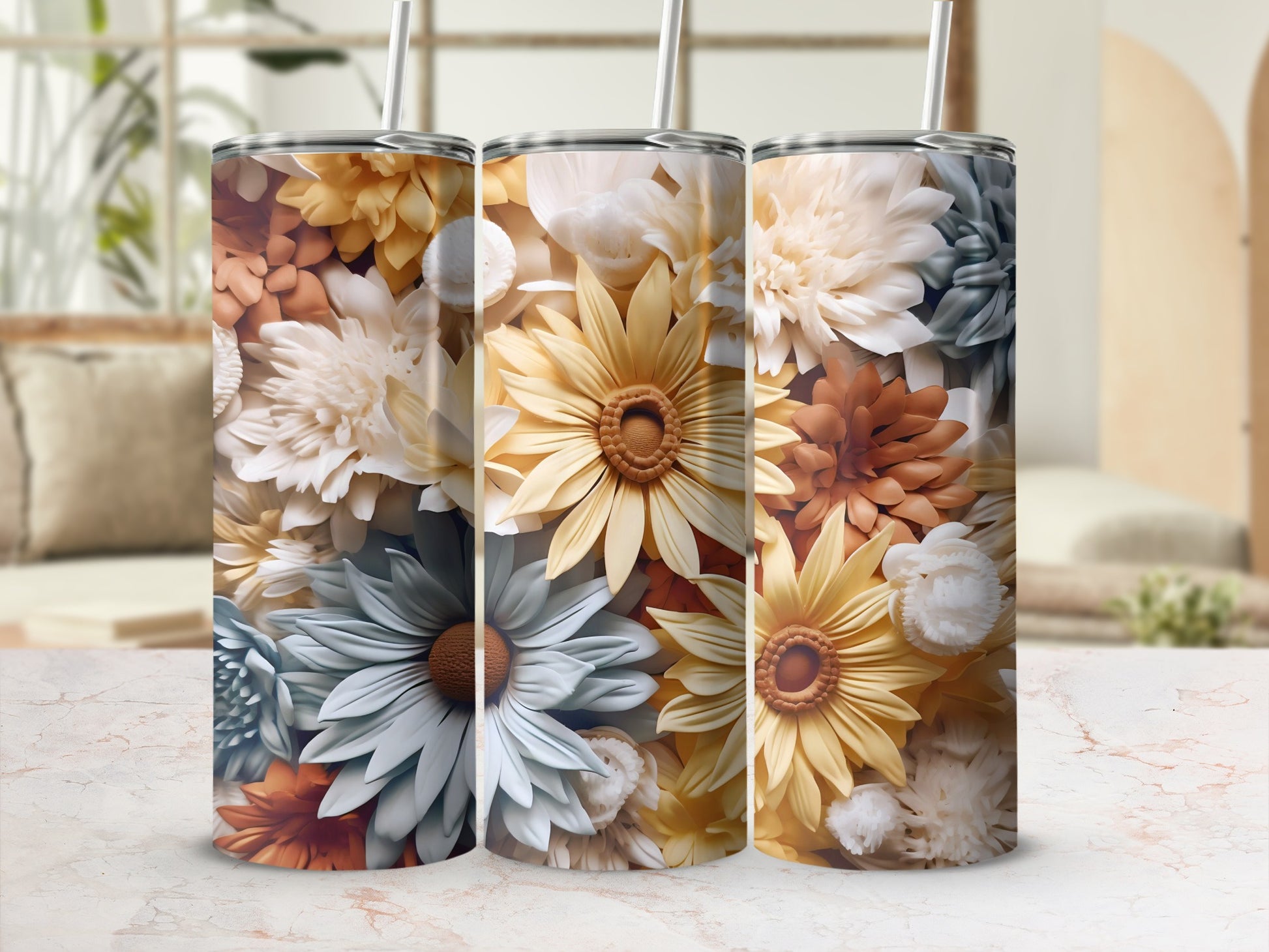 Floral Design Tall Tumblers with Straw Lid