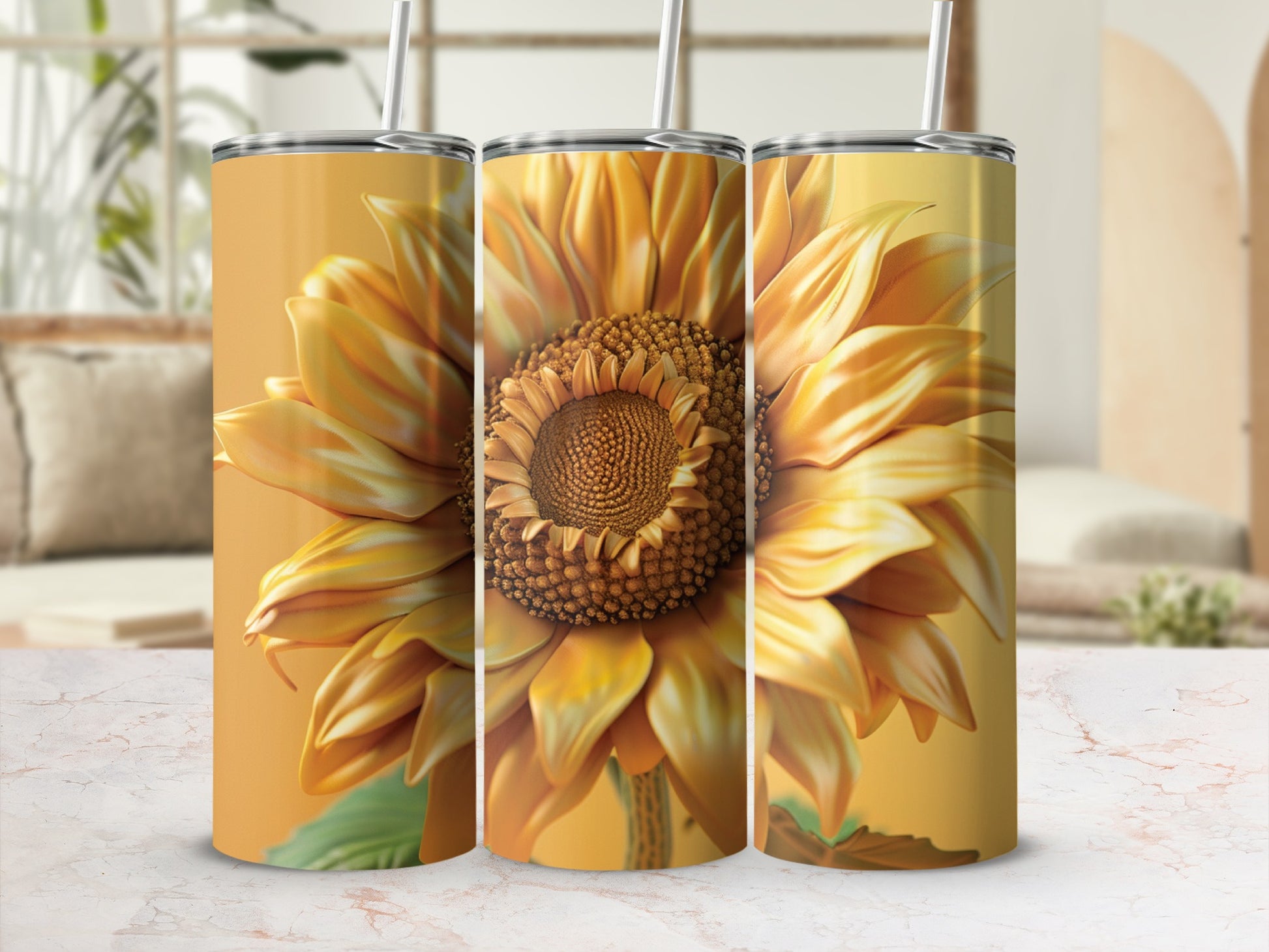Three tumblers featuring a large sunflower illustration against a warm yellow background.